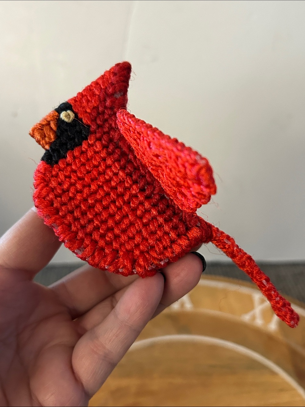 Handcrafted Red Cardinal Bird Christmas tree ornament needlepoint